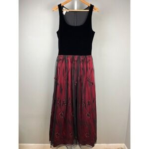 Vintage Patra Maxi Dress Gown‎ Womens Size 12 Black Velvet Red Satin Floral Y2K